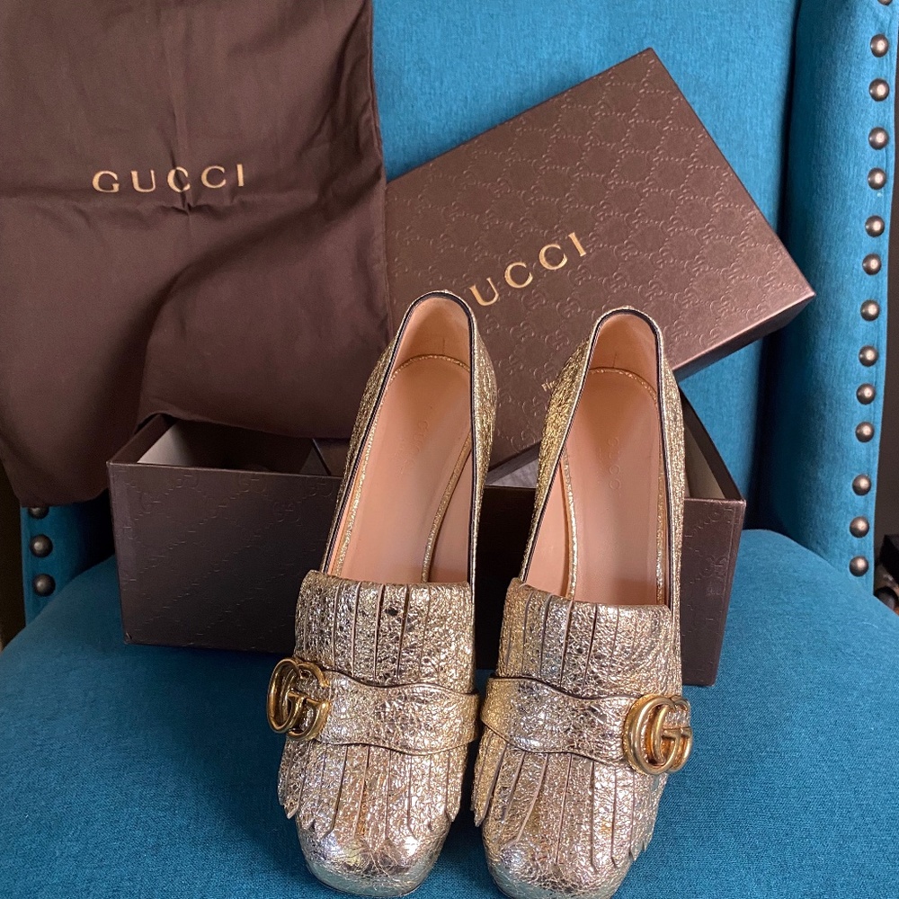 Gucci Gold Marmont Double G Pumps - Metallic Gold